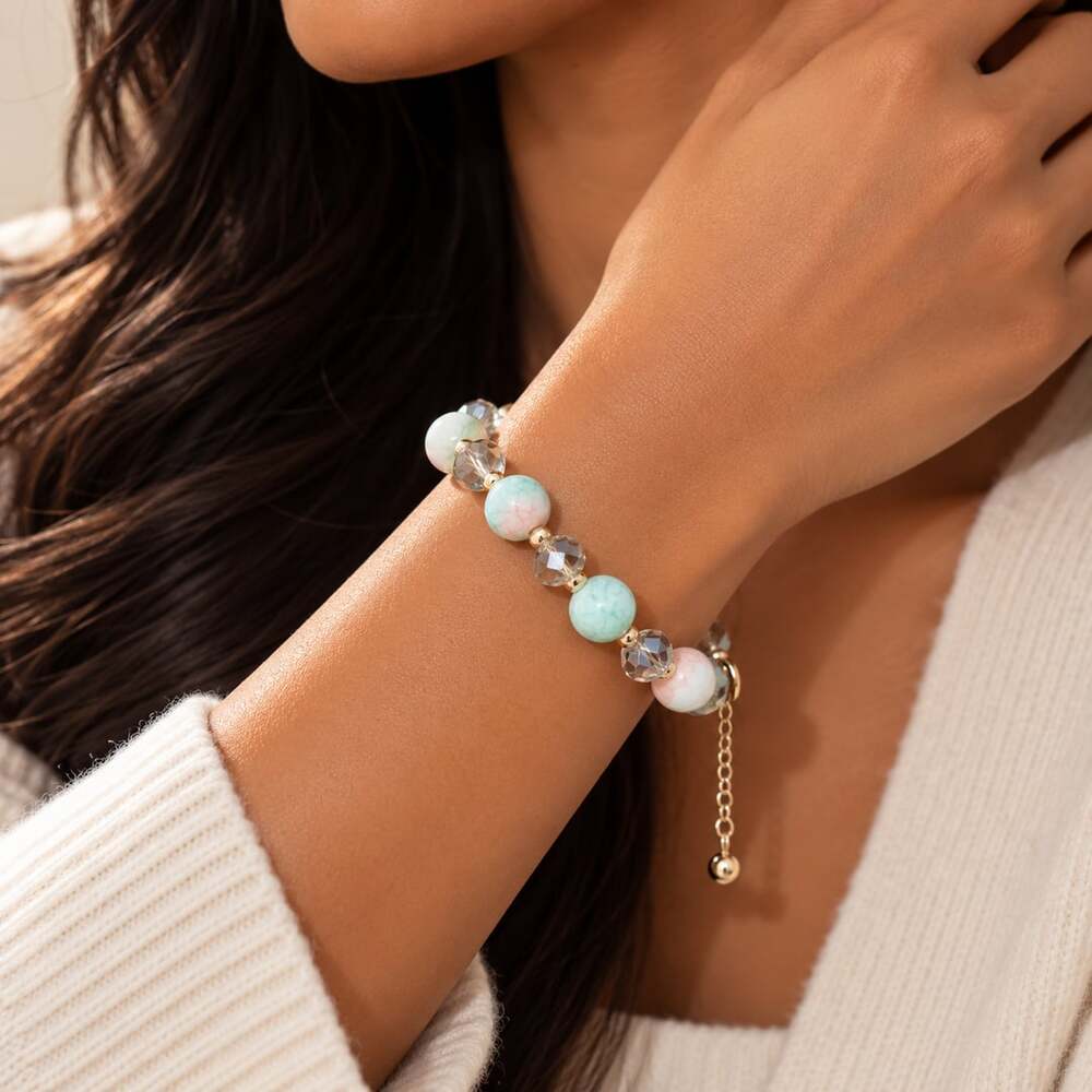 Pastel Beaded Bracelet Mint Pink Crystal Gold Tone Adjustable Statement Jewelry